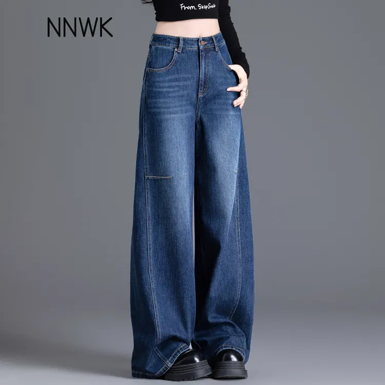 蓝色牛仔裤女款爆款2025新款春秋季高腰宽松阔腿裤直筒裤休闲长裤