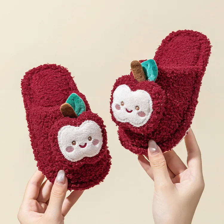 碧玛儿童棉拖鞋女童秋冬季居家室内卡通苹果可爱宝宝亲子拖鞋女孩