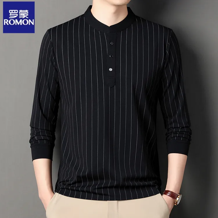 罗蒙长袖t恤男士2025春秋季新款条纹打底衫上衣休闲立领卫衣男装