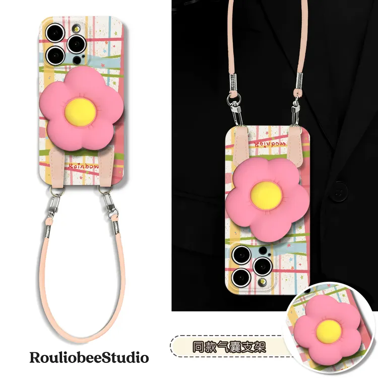 花朵支架挂绳适用苹果16/17手机壳iPhone15小米14vivooppo华为p70