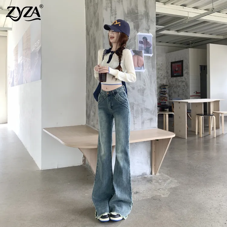 ZYZA复古辣妹低腰微喇牛仔裤裤子女秋季新款小个子毛边马蹄裤