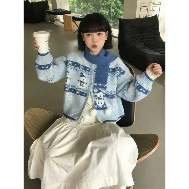 圣诞穿搭费尔岛毛衣开衫女秋冬针织衫外套小个子慵懒风配围巾