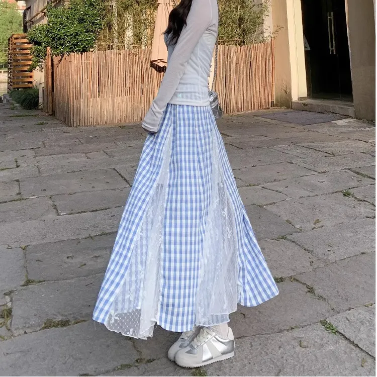不规则蕾丝拼接蓝色格子半身裙女2025夏海边度假风穿搭a字长裙子