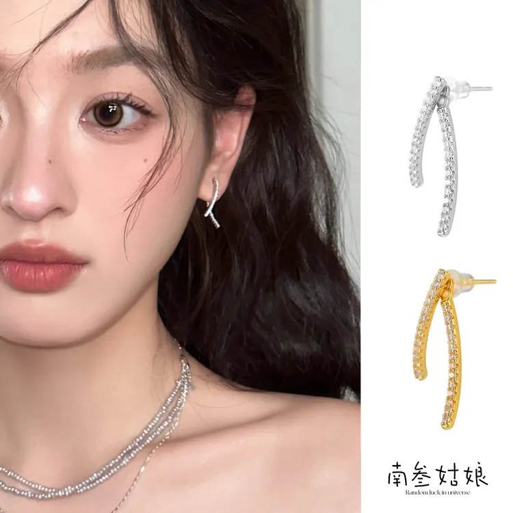铜合金锆石耳饰 925银针金银色镶钻后挂式耳钉女高级气质耳环耳饰