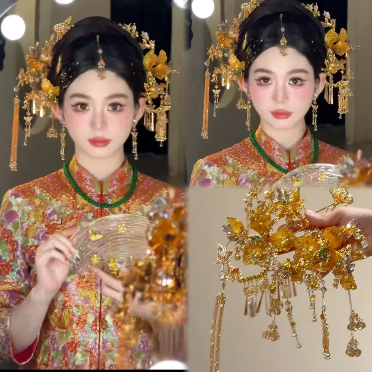 合金婚庆饰品 930124婚庆饰品 新款新中式金色减龄新娘秀禾头饰