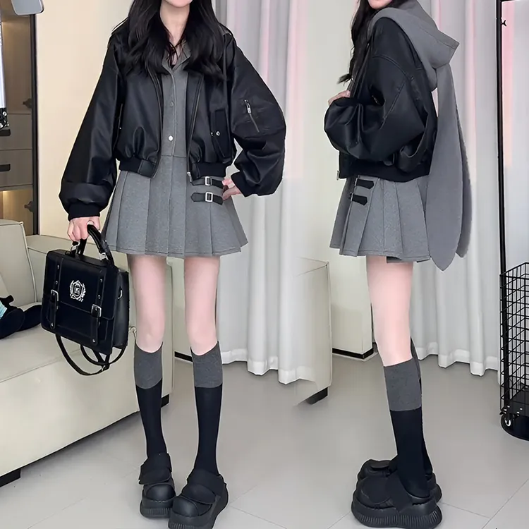 2025春秋新款显瘦小个子短款高级感假两件兔耳朵皮衣裙外套潮