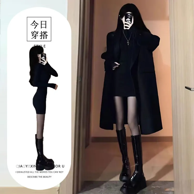 秋冬装搭配一整套高级感御姐赫本风毛呢大衣外套连衣裙两件套装女