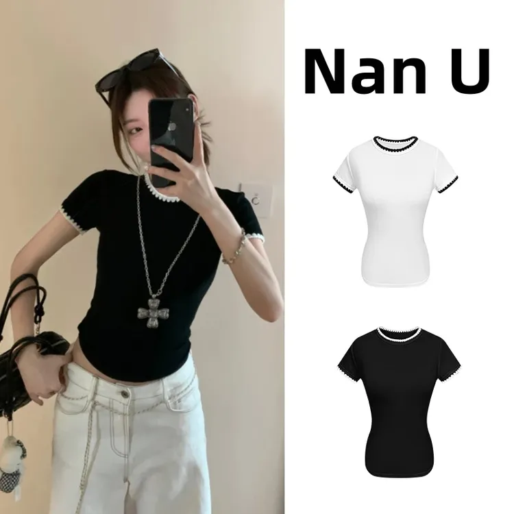 正肩修身T恤撞色刺绣上衣短袖小众女夏