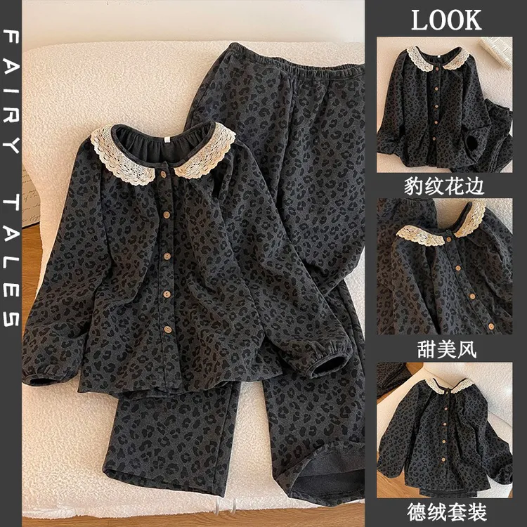 印像家德绒豹纹睡衣女秋冬简约韩版花边圆领长袖可外穿家居服套装