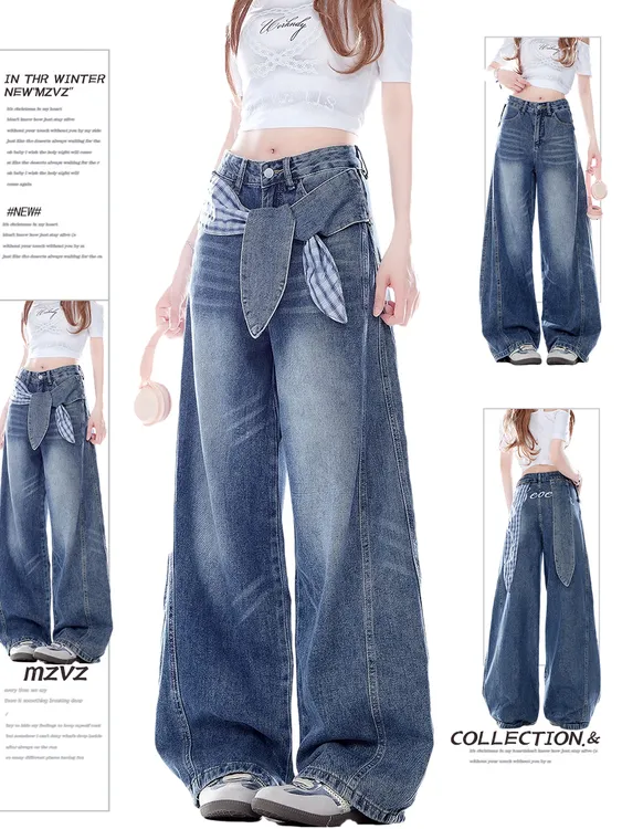 美式复古兔耳绑带弯刀牛仔裤女秋季新款设计感直筒宽松阔腿镰刀裤