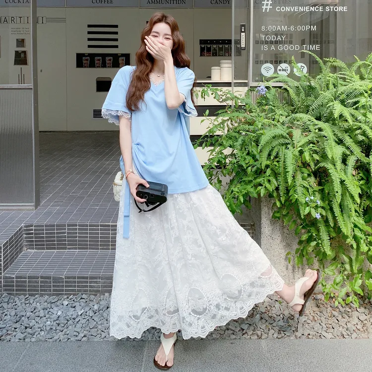 清纯系松弛感套装2025夏爆款蓝色设计感蕾丝拼接短袖半身裙两件套