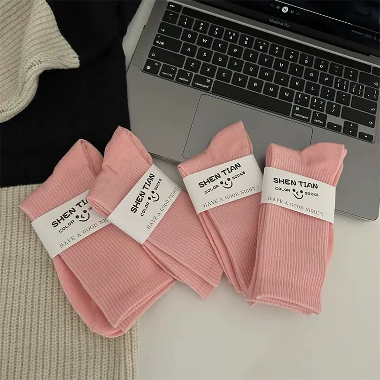 皮粉色棉袜子女中筒袜新款日系百搭学院风长袜春秋冬季纯色堆堆袜