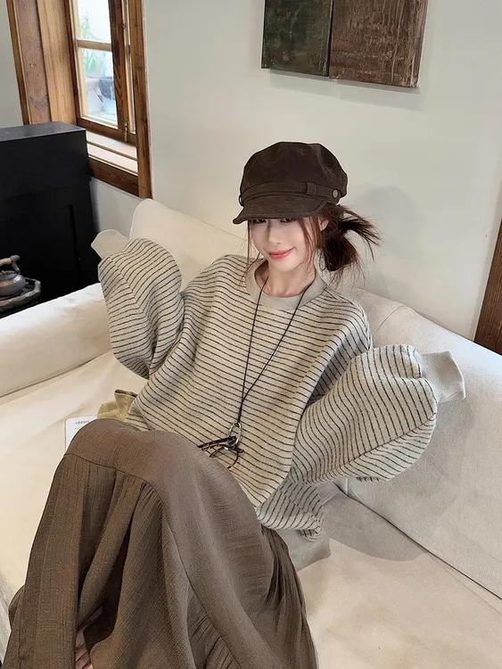 早秋新款【Ins条纹卫衣】仿兔绒条纹圆领套头卫衣加厚长袖上衣女