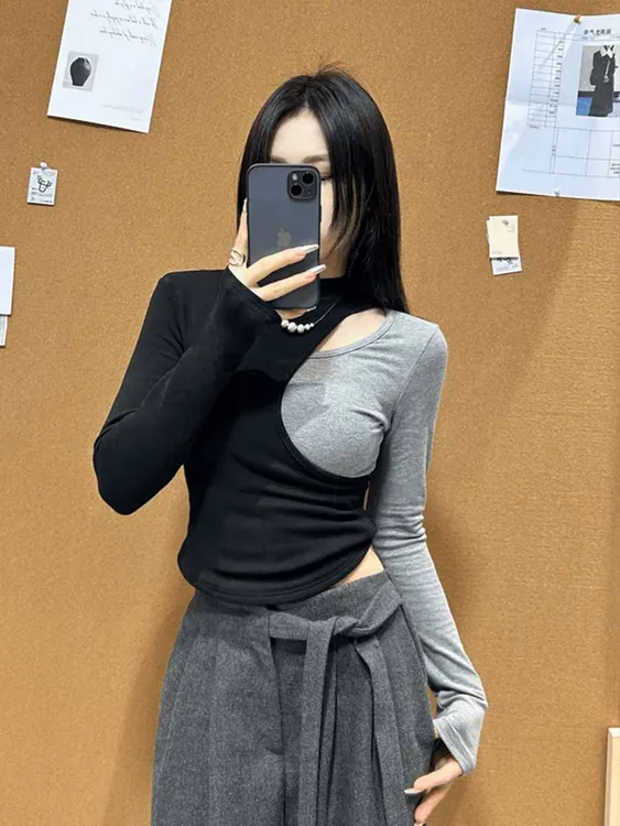 艺等撞色镂空长袖t恤女2025秋冬季加绒修身显瘦内搭打底衫上衣