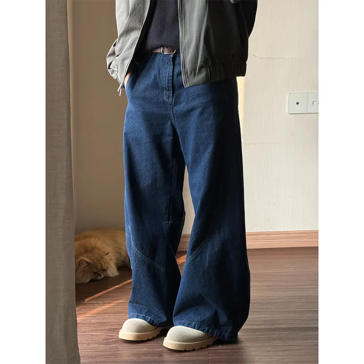 美式复古原色廓形弯刀牛仔裤男女潮牌宽松垂感拖地情侣休闲长裤子