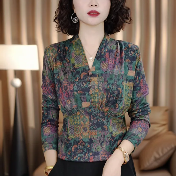 2025秋季新款V领修身长袖显瘦复古时尚女士百搭妈妈装气质上衣568