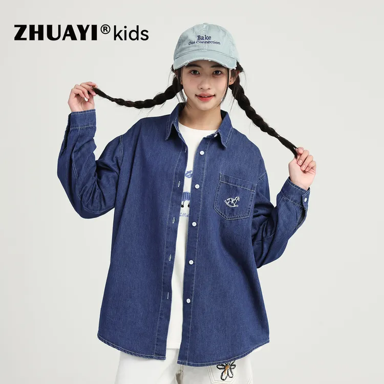 女大童囗袋刺绣复古牛仔衬衫设计感休闲百搭挺括外套（25404300）4