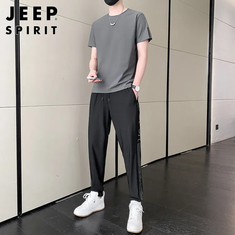 JEEPSPIRIT运动服套装男士夏季速干潮流搭配宽松休闲时尚两件套男