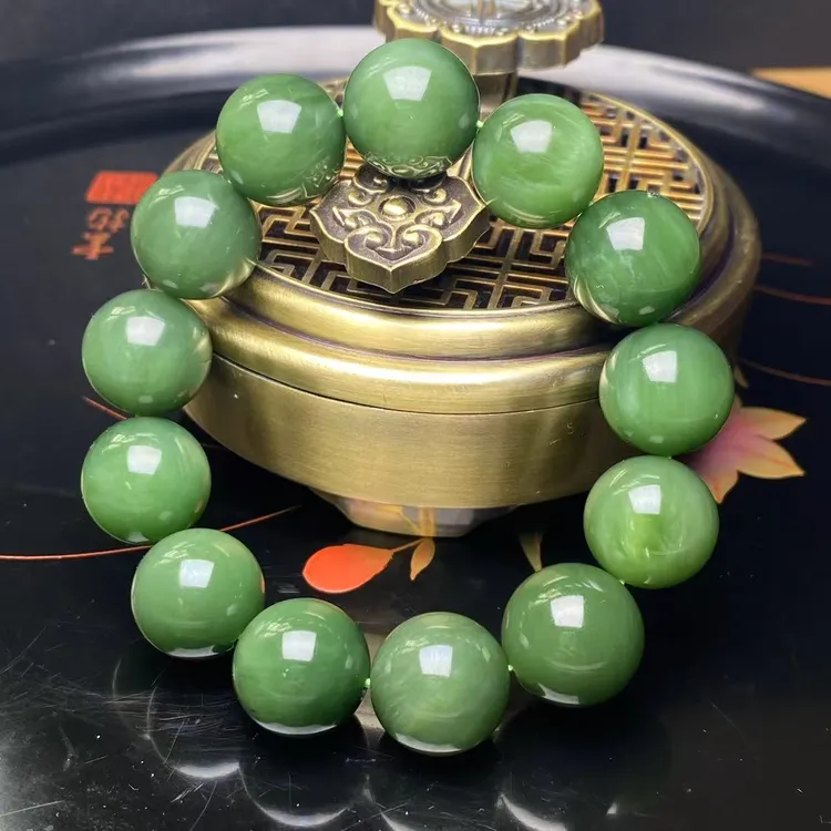 【迈越珠宝】天然和田玉碧玉微猫手串16mm圆珠单圈手串细腻老料