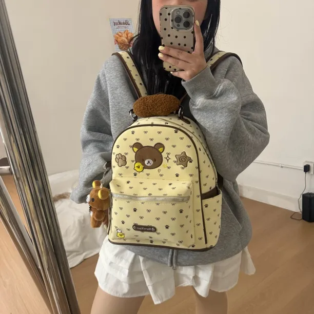加大版!韩系可爱轻松熊刺绣百搭大容量双肩包~带挂件