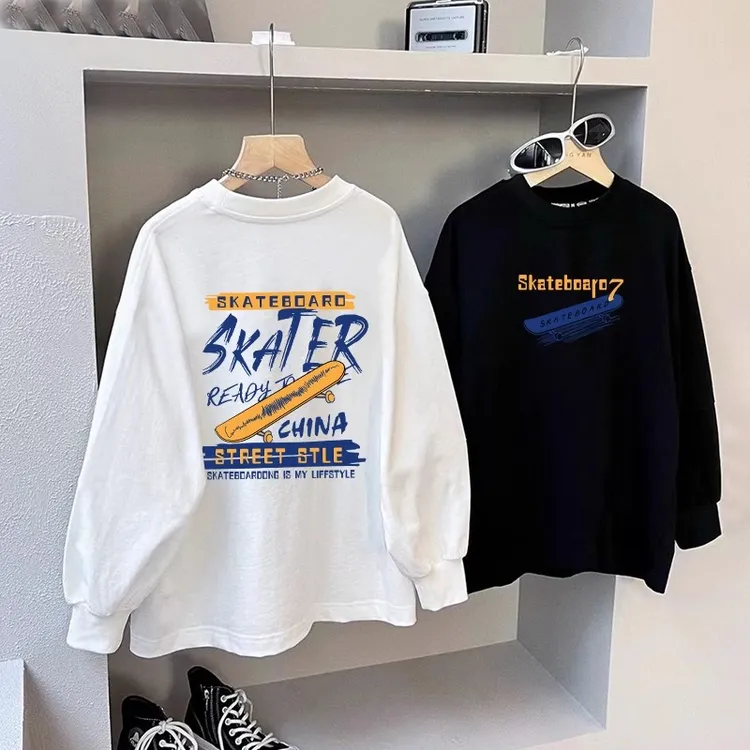 儿童纯棉中大童宽松长袖t恤打底衫洋气字母图案圆领男童t恤长袖