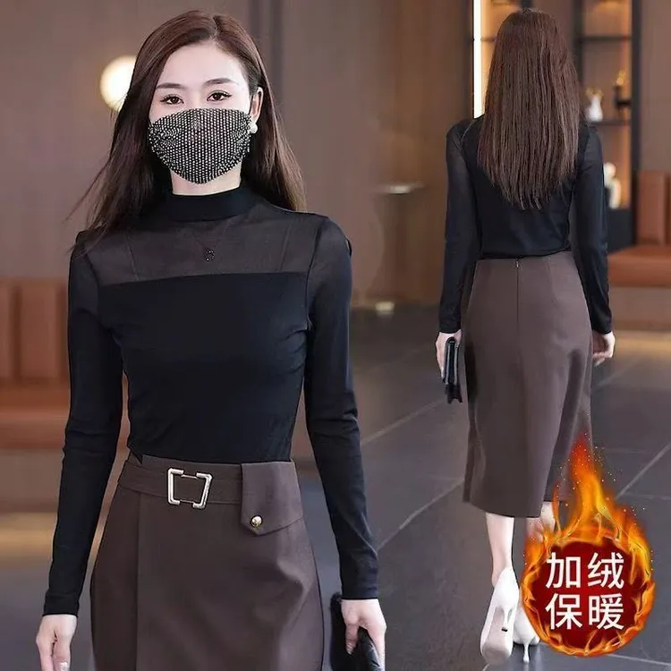 加绒长袖网纱拼接打底衫女2025春秋冬新款半高领修身显瘦洋气小衫