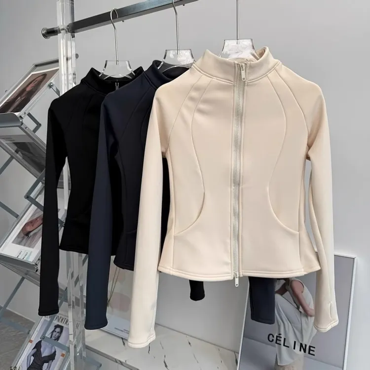 双11必买女性秋冬立领加绒双拉链修身保暖健身加绒运动短款上衣