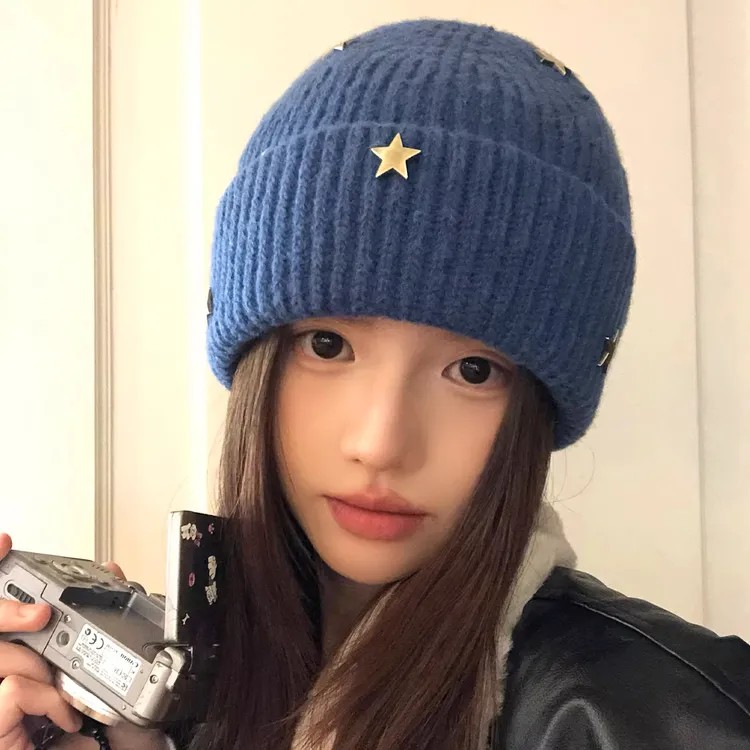 韩系蓝色立体星星针织毛线帽女秋冬季冷帽加厚保暖显脸小包头帽子
