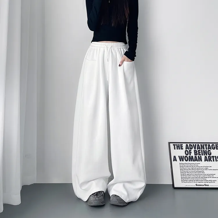 高腰显瘦宽松阔腿裤女2025秋冬季新款大码胖mm白色慵懒风运动卫裤