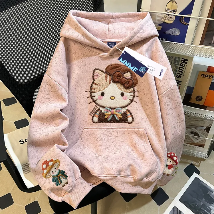 秋冬女童加绒扎染连帽卫衣仿刺绣KT猫百搭韩版学院风中大童上衣