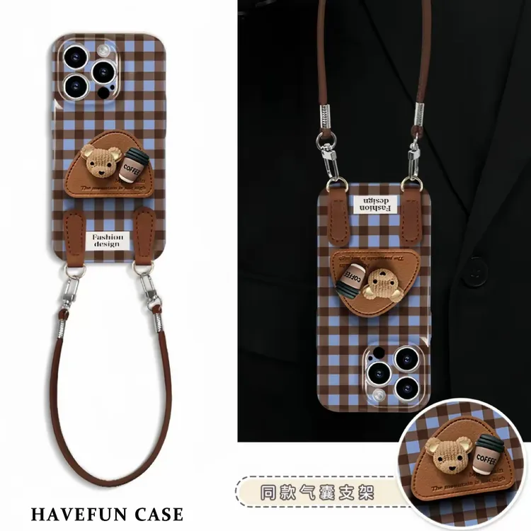 雅天立咖啡小熊支架挂绳适用苹果16/13手机壳华为vivo小米15oppo