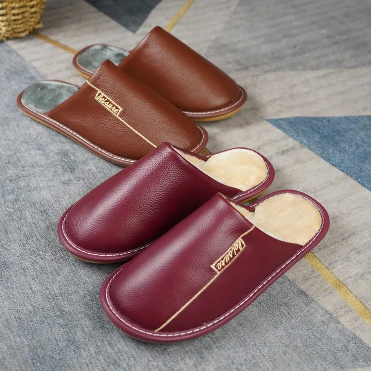 【头层牛皮 鎏金】Y真皮秋冬保暖透气男女居家棉拖男女居家防水防滑