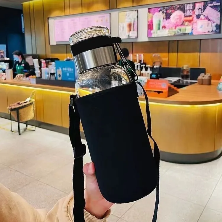 [1L便携大容量水杯]送杯套玻璃杯带提绳茶水分离杯户外简约家用