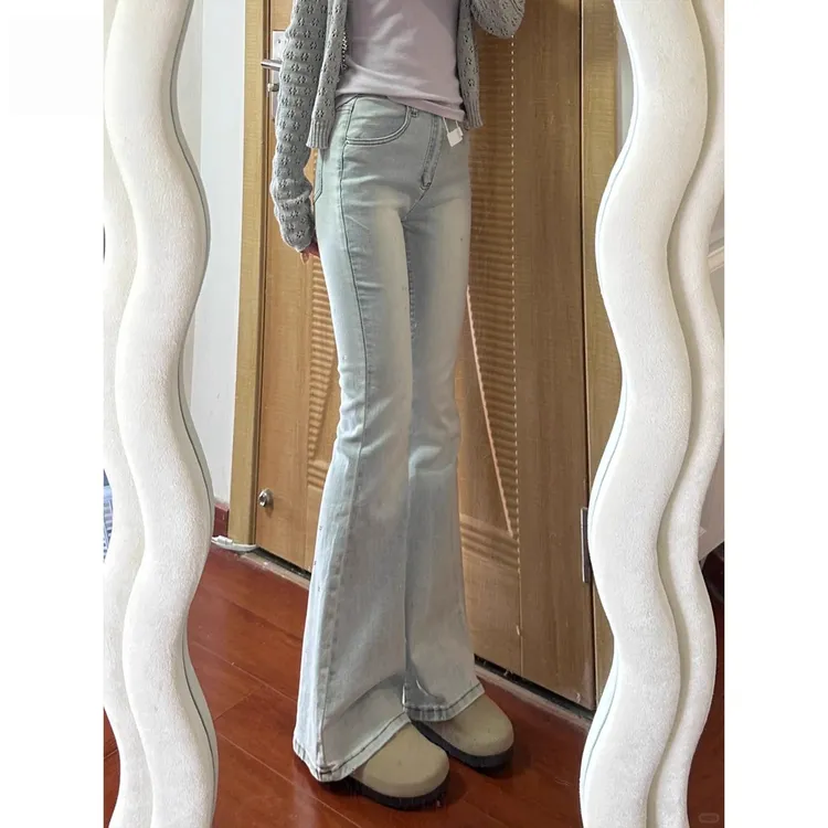 拉夏贝尔加绒高腰微喇牛仔裤女冬季2025新款修身显瘦辣妹风喇叭裤