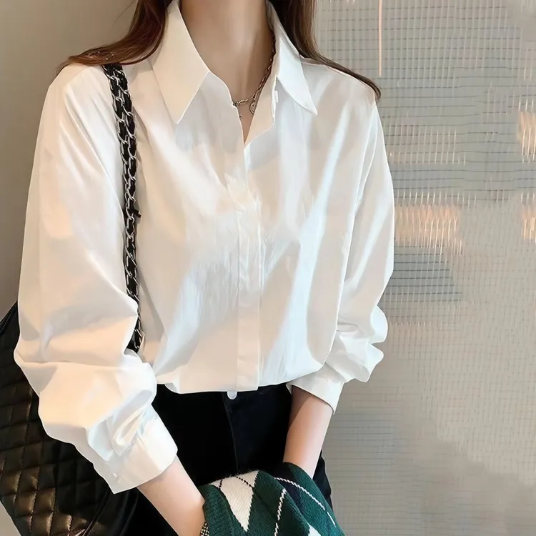 100%纯棉长袖白色衬衫女韩版时尚上衣春秋气质洋气百搭打底白衬衣