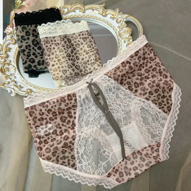 纯欲风性感豹纹镂空蕾丝中高腰三角女士内裤美臀透气