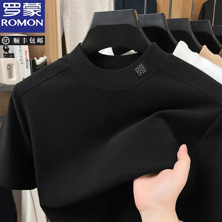 罗蒙重磅德绒打底衫男短袖T恤半高领卫衣秋冬新款磨毛保暖内搭潮