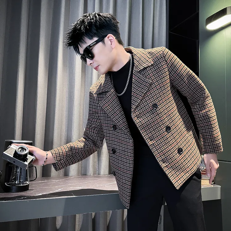 春秋新款痞帅男装上衣潮流发型师千鸟格西装领外套雅痞简约夹克男