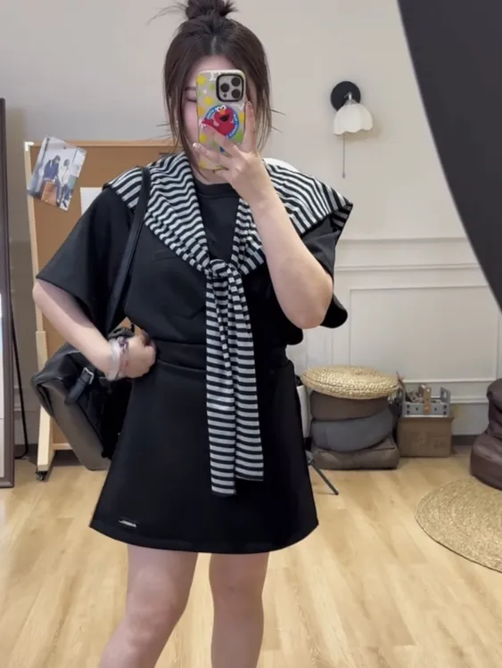 大码套装撞色条纹设计感针织披肩女夏季新款韩系时尚休闲外搭围巾