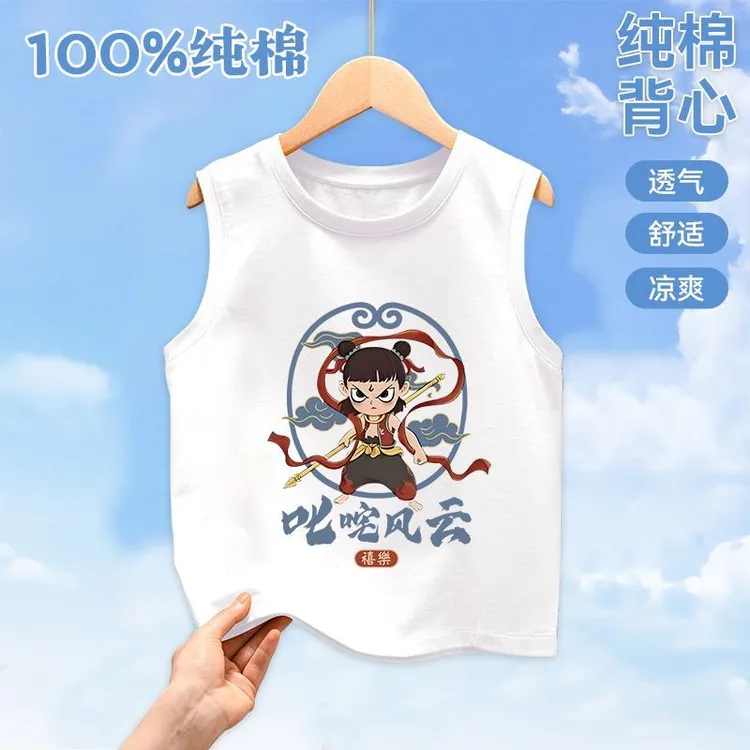 哪吒儿童夏装夏季卡通新款2025a类纯棉背心男童女童上衣薄款无袖