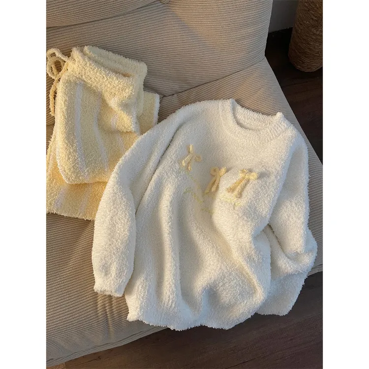 奶黄色蝴蝶结针织半边绒睡衣女冬季新款暖呼呼加厚保暖家居服套装