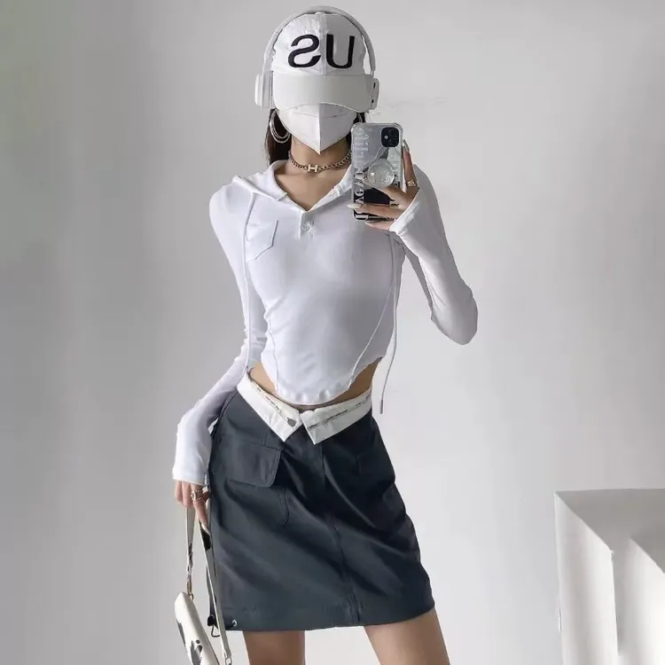 抽绳口袋连帽秋季时尚女装新款纯色弧形紧身外套帽衫健身瑜伽服