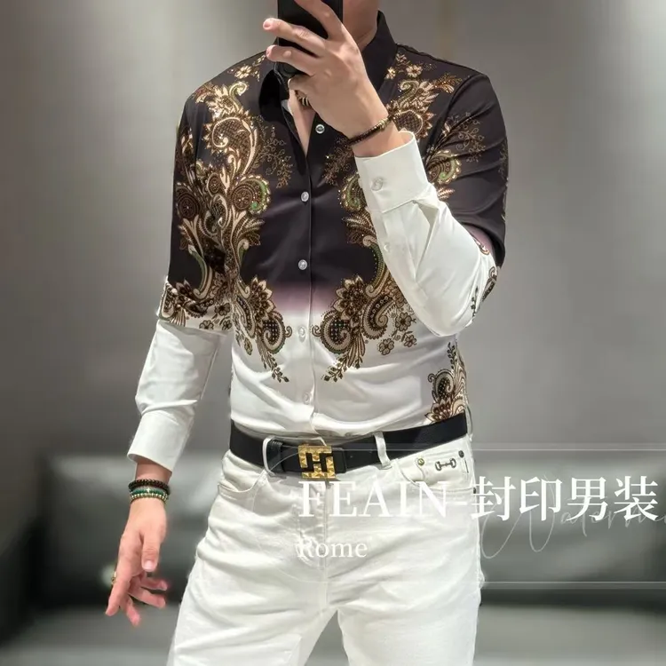 高端男士弹力莱卡波西米亚奥钻点缀长袖衬衫72619