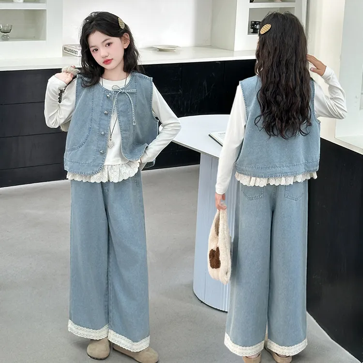 女童秋装套装2025新款爆款洋气儿童秋季长袖阔腿裤女孩牛仔三件套