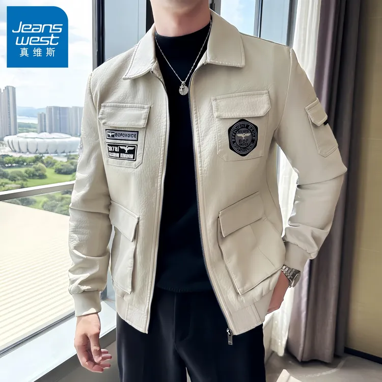 真维斯Jeanswest/男士白色帅气皮衣时尚外套修身机车百搭休闲夹克