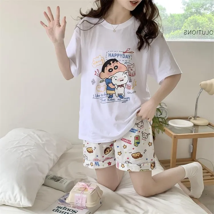 GPSUNLU蜡笔小新同款睡衣女夏季纯棉卡通可爱中学生大童家居服