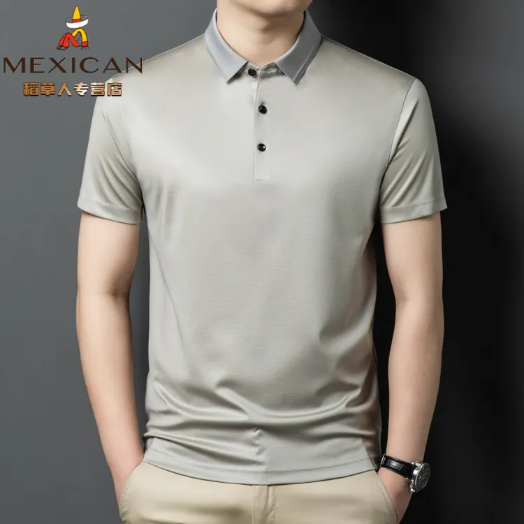 稻草人长袖打底衫新款潮流男士宽松短袖T恤翻领春夏通用百搭桑蚕