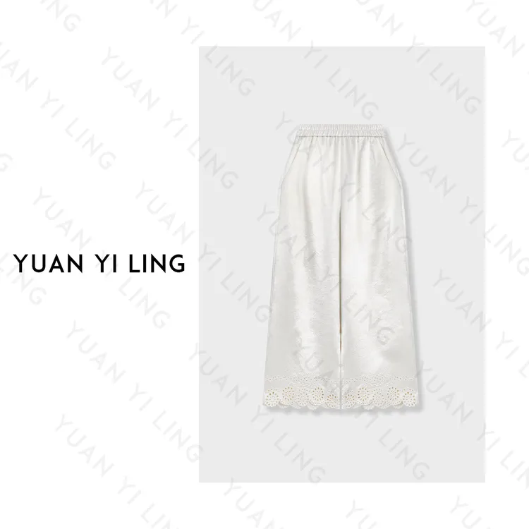 袁艺灵【松弛假日】25夏季上新100%醋酸经典时尚绣花女装直筒休闲裤