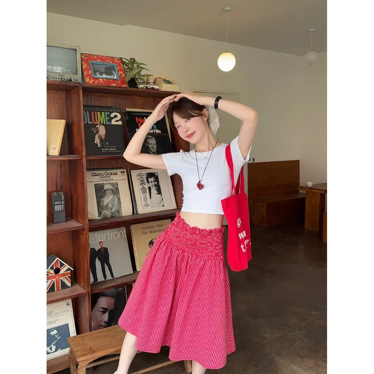 爆款设计感红色格子两穿裙短袖显瘦高腰时尚休闲夏季复古ol小个子