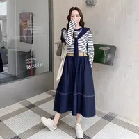 妮妮家0305慵懒风休闲时尚条纹长袖T恤配披肩半身裙三件套